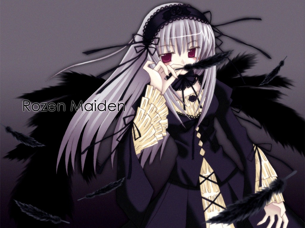 suigintou, rozen maiden, silver hair, 00s, 1girl, black feathers, feathers, female focus, frills, gothic lolita, grey background, headband, lolita fashion, simple background, solo, wings