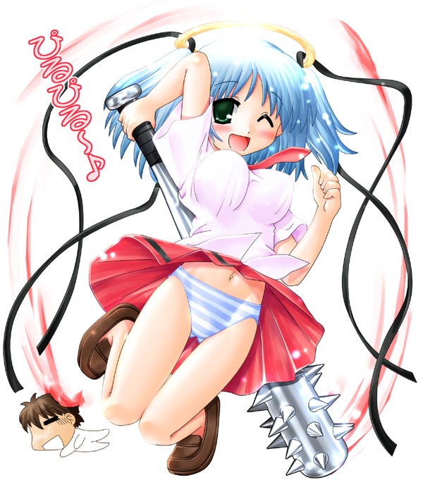 hase yu, mitsukai dokuro, bokusatsu tenshi dokuro-chan, 00s, 1boy, 1girl, blood, blue hair, blue panties, breasts, clothes lift, club, club (weapon), excalibolg, female focus, green eyes, guro, halo, jumping, kanabou, large breasts, midriff, navel, necktie, one eye closed, panties, pantyshot, red necktie, ribbon, shirt, skirt, skirt lift, smile, solo, spiked club, striped clothes, striped panties, thigh gap, thighs, twintails, underwear, weapon, wink