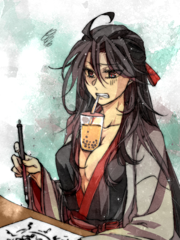 kanwan, wei wuxian, wei wuxian (yiling laozu), modao zushi, chinese commentary, 1girl, ahoge, between breasts, black eyes, black hair, black hanfu, breasts, bubble tea, bubble tea challenge, calligraphy brush, chinese clothes, cleavage, clenched teeth, coat, collarbone, cup, drawstring, drinking straw, genderswap, genderswap (mtf), grey coat, hair between eyes, hair down, hair ribbon, half updo, hanfu, holding, holding calligraphy brush, holding paintbrush, large breasts, long hair, long sleeves, looking down, mouth hold, object on breast, official alternate costume, official alternate hairstyle, open clothes, open coat, paintbrush, paper, red eyes, red ribbon, red sash, ribbon, robe, sash, sitting, solo, squiggle, table, teeth, teeth hold, upper body, very long hair, wide sleeves, writing