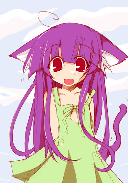 shirogane (platinum), furude rika, higurashi no naku koro ni, 00s, 1girl, ahoge, animal ears, blue hair, blunt bangs, cat ears, cat tail, child, dress, female focus, green dress, green skirt, hime cut, long hair, red eyes, skirt, solo, tail