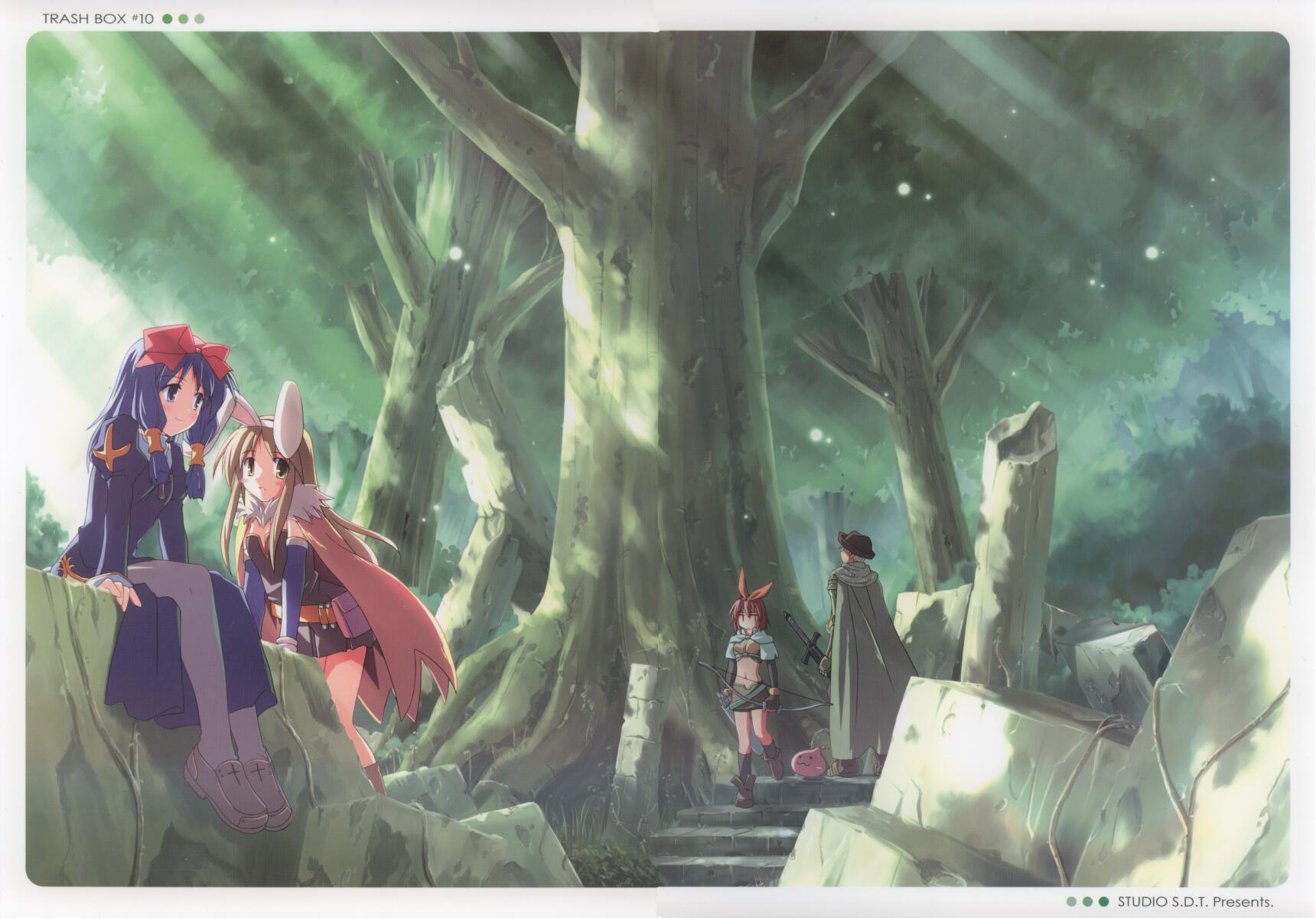 yuuki tatsuya, alchemist (ragnarok online), hunter (ragnarok online), knight (ragnarok online), poring, priest (ragnarok online), ragnarok online, highres, 1boy, 3girls, alchemist, animal ears, bow (weapon), forest, hunter, knight, multiple girls, nature, outdoors, pantyhose, priest, priestess, rabbit ears, ribbon, ruins, scenery, sword, weapon