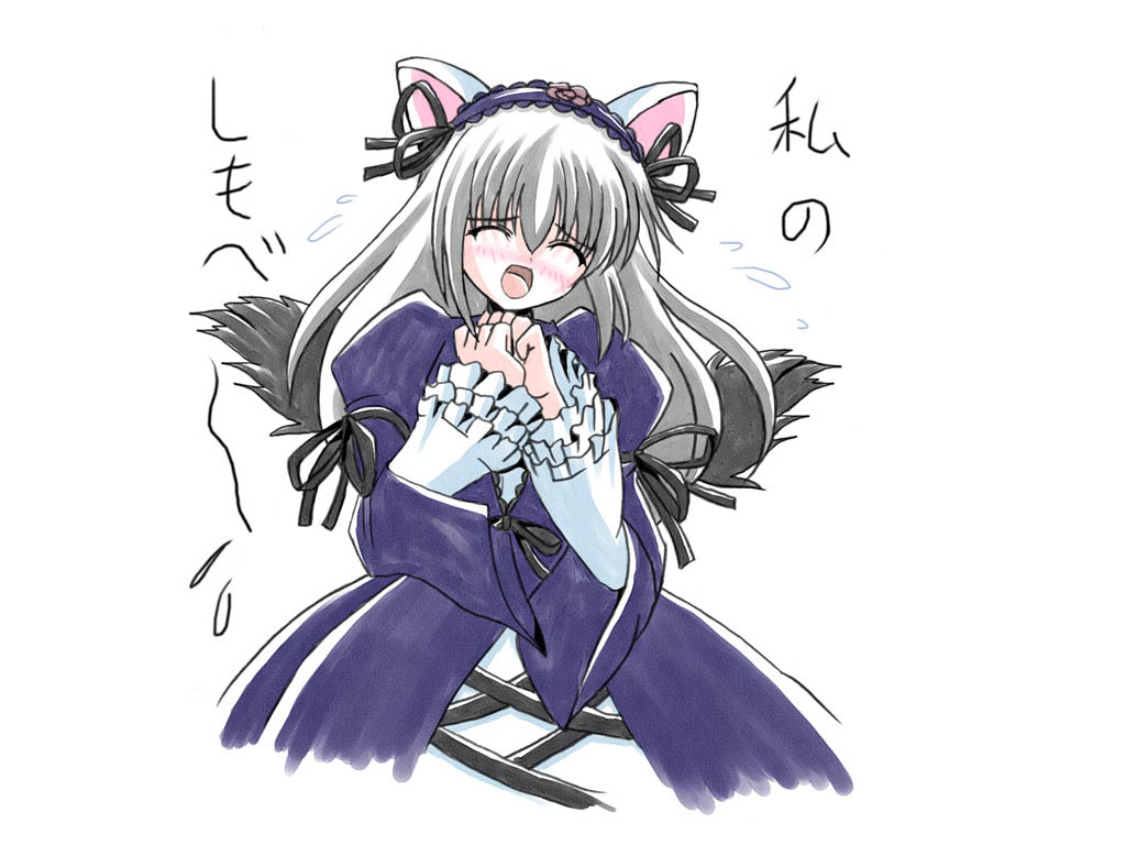 imai kazunari, suigintou, rozen maiden, tsukuyomi moonphase, 1girl, animal ears, cat ears, female focus, kemonomimi mode, parody, simple background, solo, white background