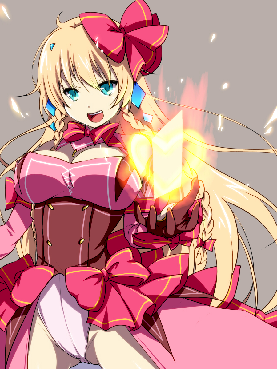 nuana, utahime arthur, kai-ri-sei million arthur, million arthur (series), highres, 1girl, bare shoulders, blonde hair, blue eyes, braid, breasts, brown corset, brown gloves, corset, detached sleeves, dress, fire, gloves, grey background, hair ribbon, large breasts, leotard, leotard under clothes, long hair, magic, neck ribbon, pink dress, pink ribbon, ribbon, solo, twin braids, white leotard