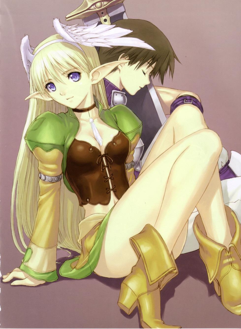 tony taka, xion, elwing, sega, shining (series), shining tears, highres, 1boy, 1girl, black hair, blonde hair, blue eyes, boots, breasts, choker, cleavage, closed eyes, elf, feathers, head wings, high heels, long hair, midriff, pointy ears, shoes, sitting, skirt, smile, sword, turtleneck, very long hair, weapon, wings