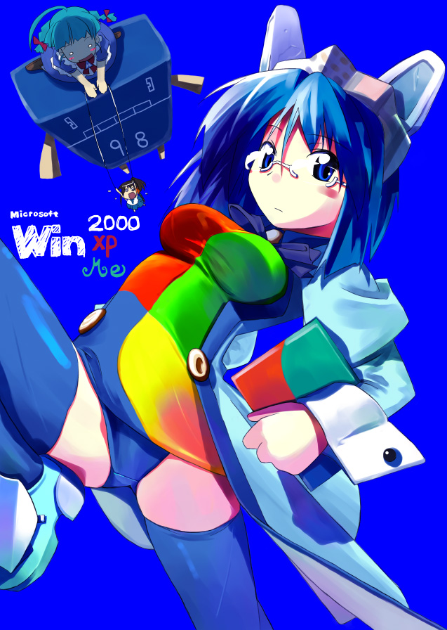 2k-tan, 98-tan, me-tan, xp-tan, microsoft windows, os-tan, windows 2000, windows classic, windows me, 3girls, ahoge, aqua hair, blue eyes, blue hair, blue thighhighs, blush, braid, glasses, multiple girls, o o, simple background, solo, thighhighs, twin braids
