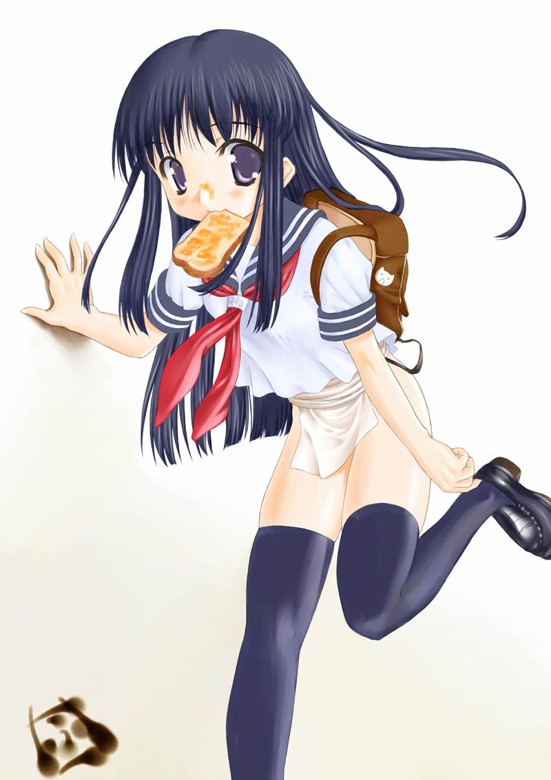 1girl, black thighhighs, bread, bread slice, female focus, food, food in mouth, fundoshi, gradient background, japanese clothes, mouth hold, school uniform, serafuku, solo, thighhighs, toast, toast in mouth