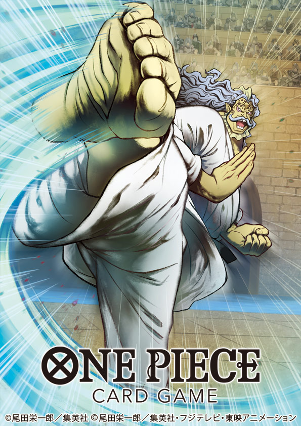 nekobayashi, hack (one piece), one piece, one piece card game, commentary request, official art, 1boy, attack, clenched hand, copyright name, facial hair, fish boy, japanese clothes, kimono, leg up, long hair, motion lines, mustache, open mouth, outdoors, pants, wavy hair, white kimono, white pants