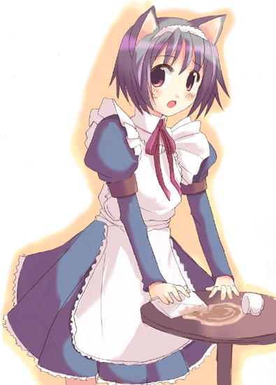 1girl, animal ears, cat ears, cat girl, female focus, maid, maid headdress, purple eyes, purple hair, short hair, solo