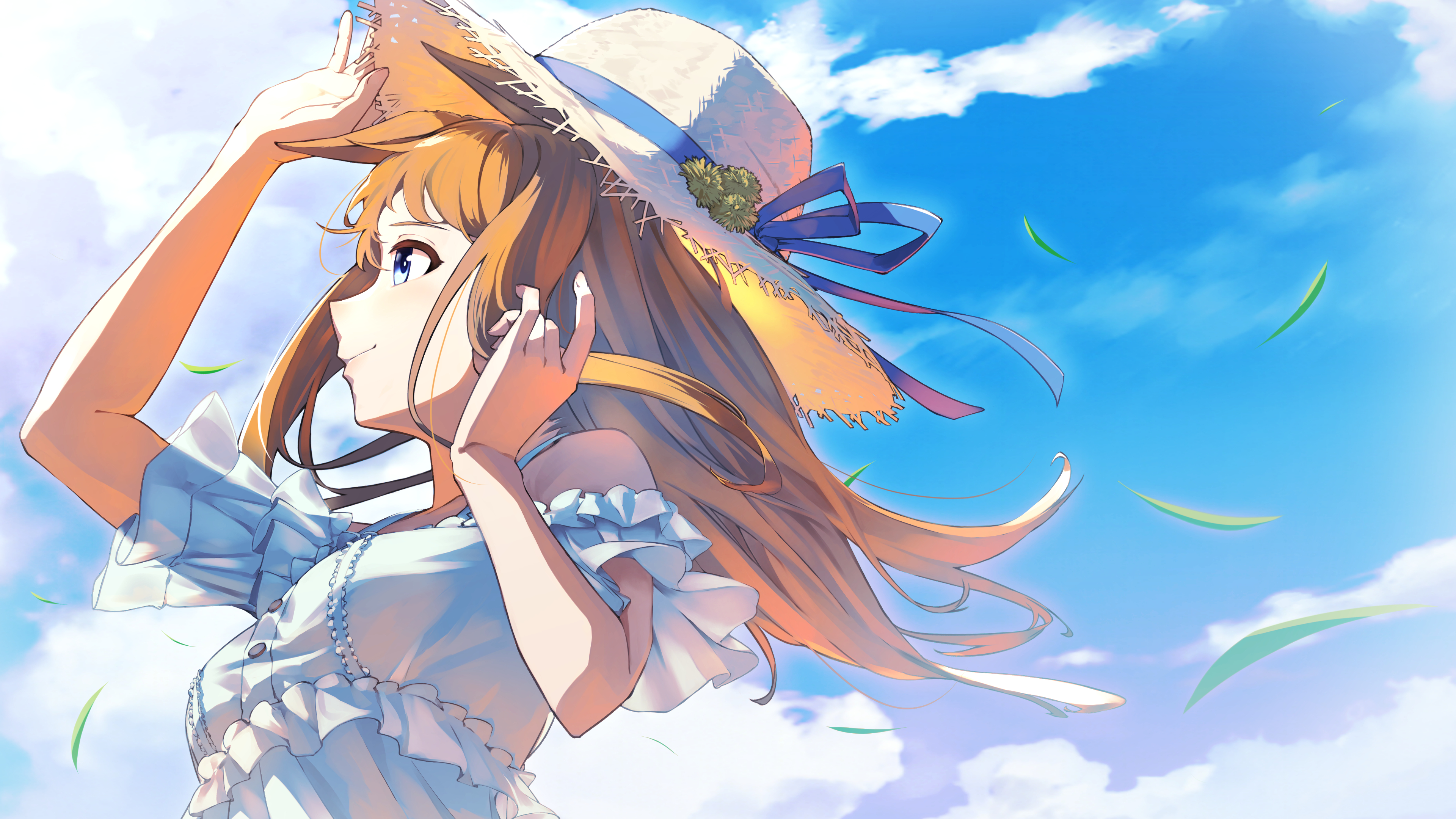 nagise rysta, grass wonder (umamusume), umamusume, absurdres, highres, 1girl, animal ears, bare shoulders, blue sky, brown hair, closed mouth, cloud, dandelion, dress, flower, grass, hat, horse ears, horse girl, long hair, multicolored hair, outdoors, ribbon, sky, smile, solo, straw hat, sun hat, sundress, upper body, white dress, white hair