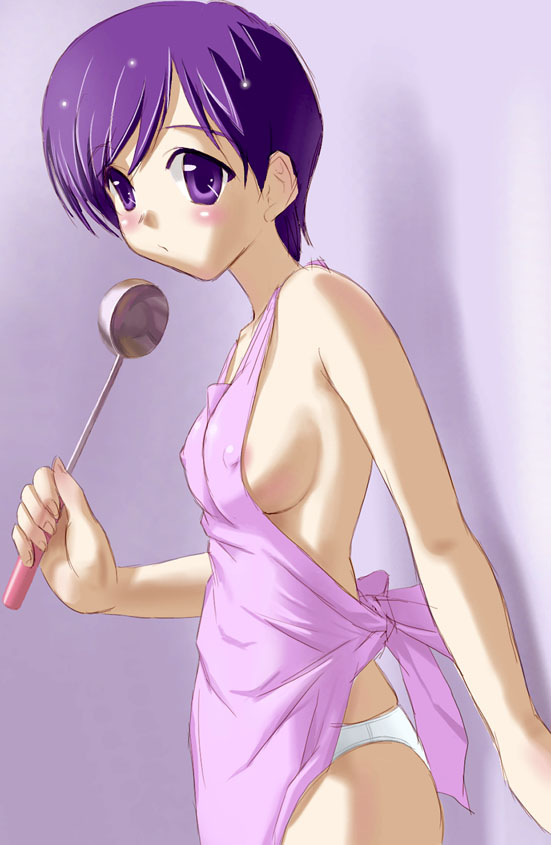 inu777, oouchi takadou, original, 1girl, against wall, apron, areola slip, blush, breasts, embarrassed, female focus, ladle, naked apron, panties, purple eyes, purple hair, shadow, short hair, solo, standing, underwear, white panties