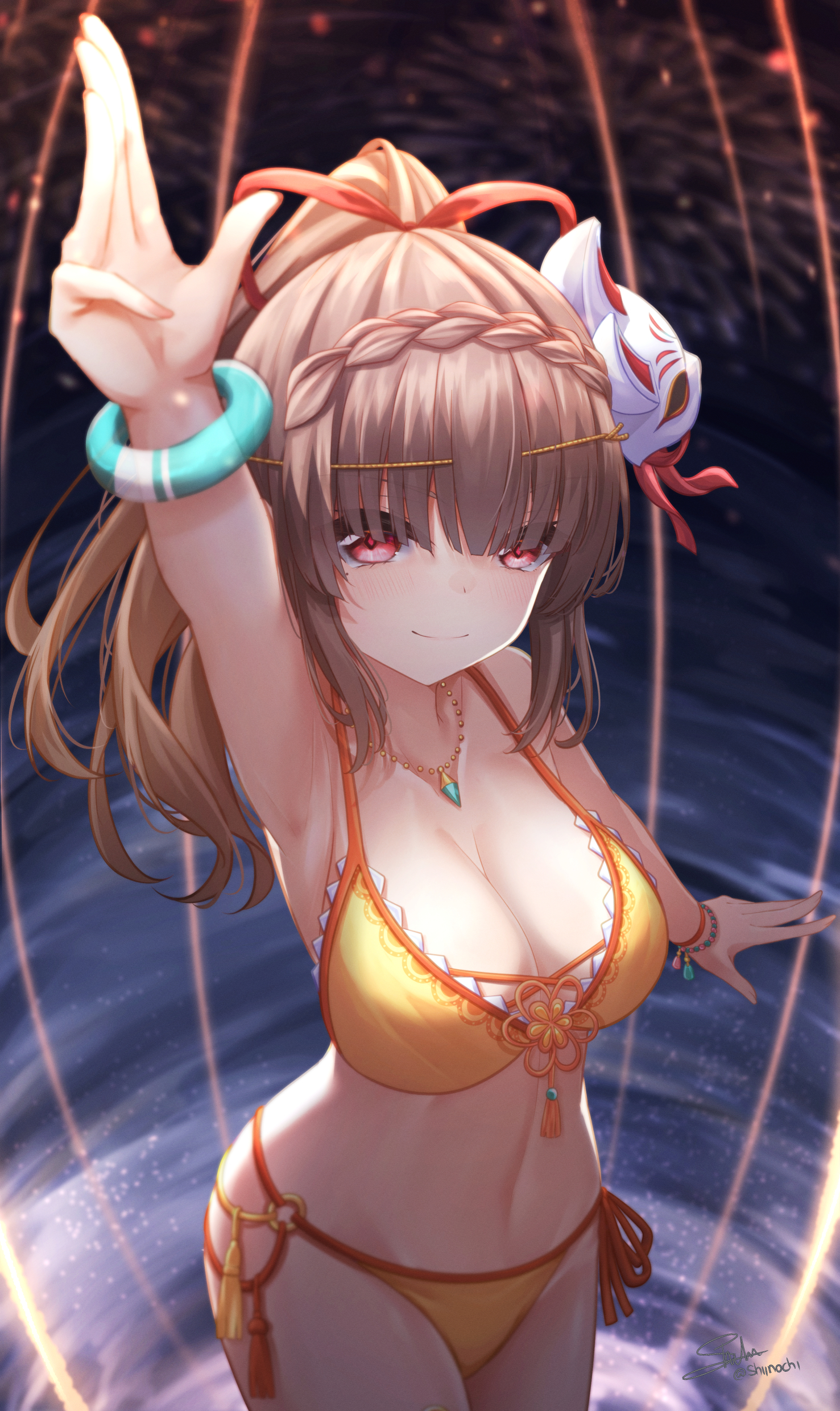 shiinochi, kiryuu miya, heaven burns red, absurdres, highres, 1girl, bikini, braid, breasts, brown hair, crown braid, fox mask, hair ornament, hair stick, hand up, long hair, mask, medium breasts, mole, mole under eye, official alternate costume, official alternate hairstyle, orange bikini, ponytail, red eyes, sidelocks, solo, swimsuit