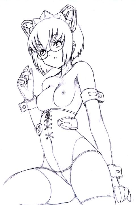 2k-tan, os-tan, 1girl, breasts, female focus, glasses, greyscale, medium breasts, monochrome, nipples, panties, purple theme, short hair, simple background, solo, thighhighs, underwear