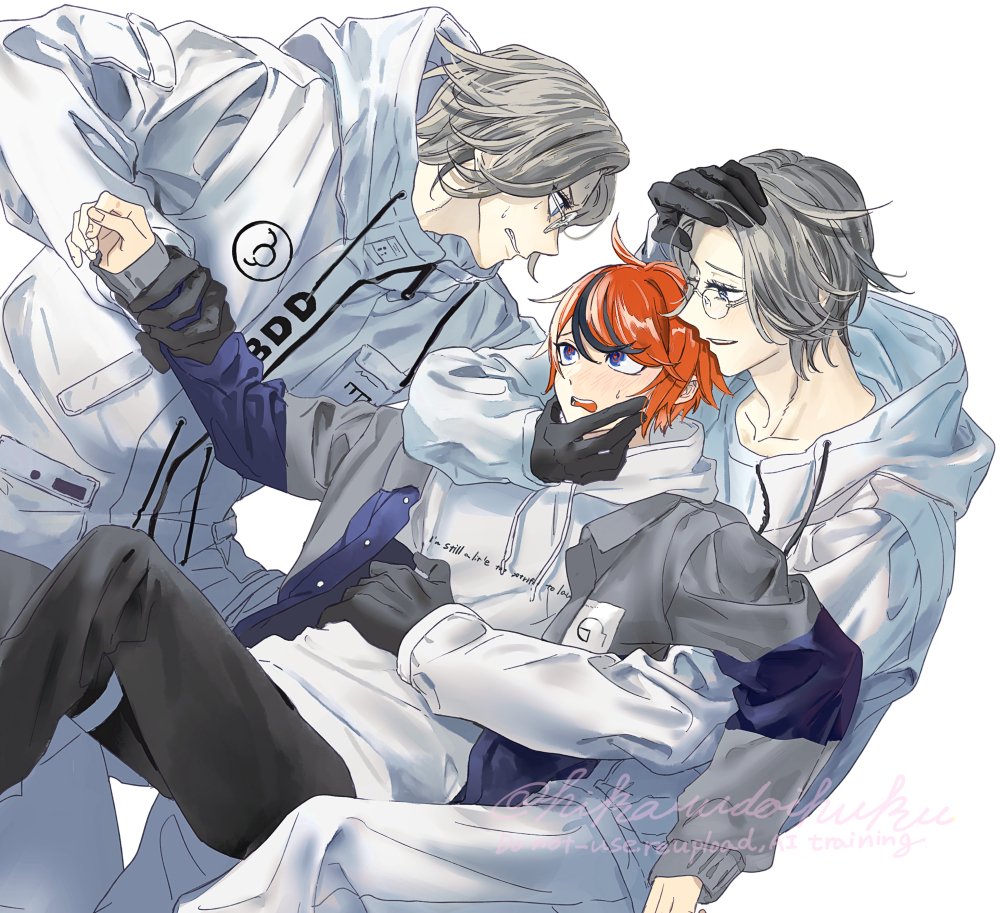 aotsuki eito, sumino takumi, the hundred line -last defense academy-, 3boys, ahoge, black gloves, black pants, black streaks, blue eyes, blue jacket, blush, boy sandwich, breast pocket, clenched teeth, clone, clone harem, clothes writing, glasses, gloves, grabbing another's arm, grey eyes, grey hair, grey jacket, hand on another's face, hikarudaihuku, hood, hoodie, jacket, large hands, light blush, looking at another, male focus, multicolored hair, multicolored jacket, multiple boys, nose blush, on lap, open clothes, open jacket, pants, pocket, pushing away, red hair, sandwiched, short hair, simple background, smile, streaked hair, sweat, teeth, twitter username, two-tone jacket, watermark, white background, white hoodie, white jacket, white pants, yaoi