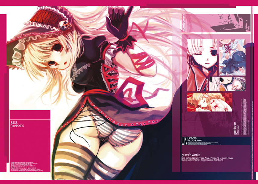 cradle (circle), kuroya shinobu, original, striped legwear, 5girls, ass, bonnet, gloves, goth fashion, gothic lolita, lace, lace-trimmed panties, lace trim, lolita fashion, multiple girls, one eye closed, panties, skull, striped clothes, striped panties, striped thighhighs, thighhighs, underwear, wink