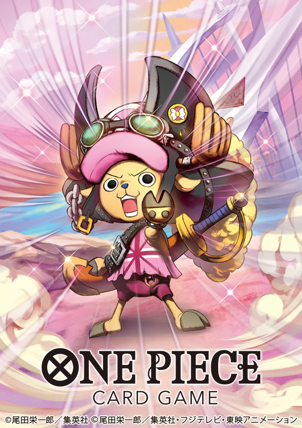 nekobayashi, tony tony chopper, one piece, one piece card game, one piece film: red, commentary request, official art, 1boy, black eyes, cloud, copyright name, glint, goggles, goggles on head, hat, looking at viewer, male focus, motion lines, pink hat, pirate hat, purple shorts, shorts, solo, sparkle, sword, sword on back, weapon, weapon on back