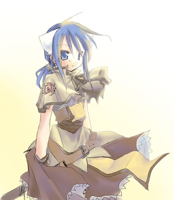 ebisu senri, swordsman (ragnarok online), ragnarok online, 1girl, belt, blue eyes, blue hair, female focus, gradient background, long hair, matching hair/eyes, ponytail, smile, solo, split mouth, standing, white background, yellow background