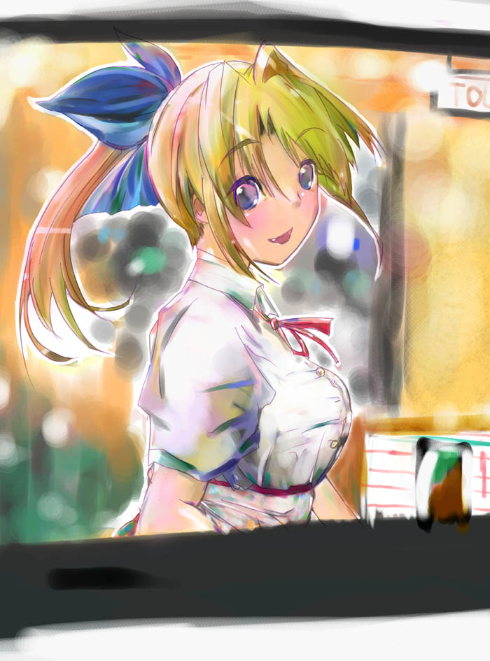 kokeshi men, miyauchi lemmy, to heart, to heart (series), to heart 2, 00s, 1girl, blonde hair, blue eyes, blush, bow, breasts, fang, faux traditional media, female focus, hair bow, open mouth, ponytail, solo, speed painting