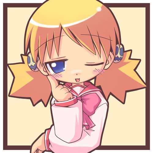 sasamori karin, to heart (series), to heart 2, lowres, 00s, 1girl, blonde hair, blue eyes, female focus, school uniform, simple background, solo, twintails