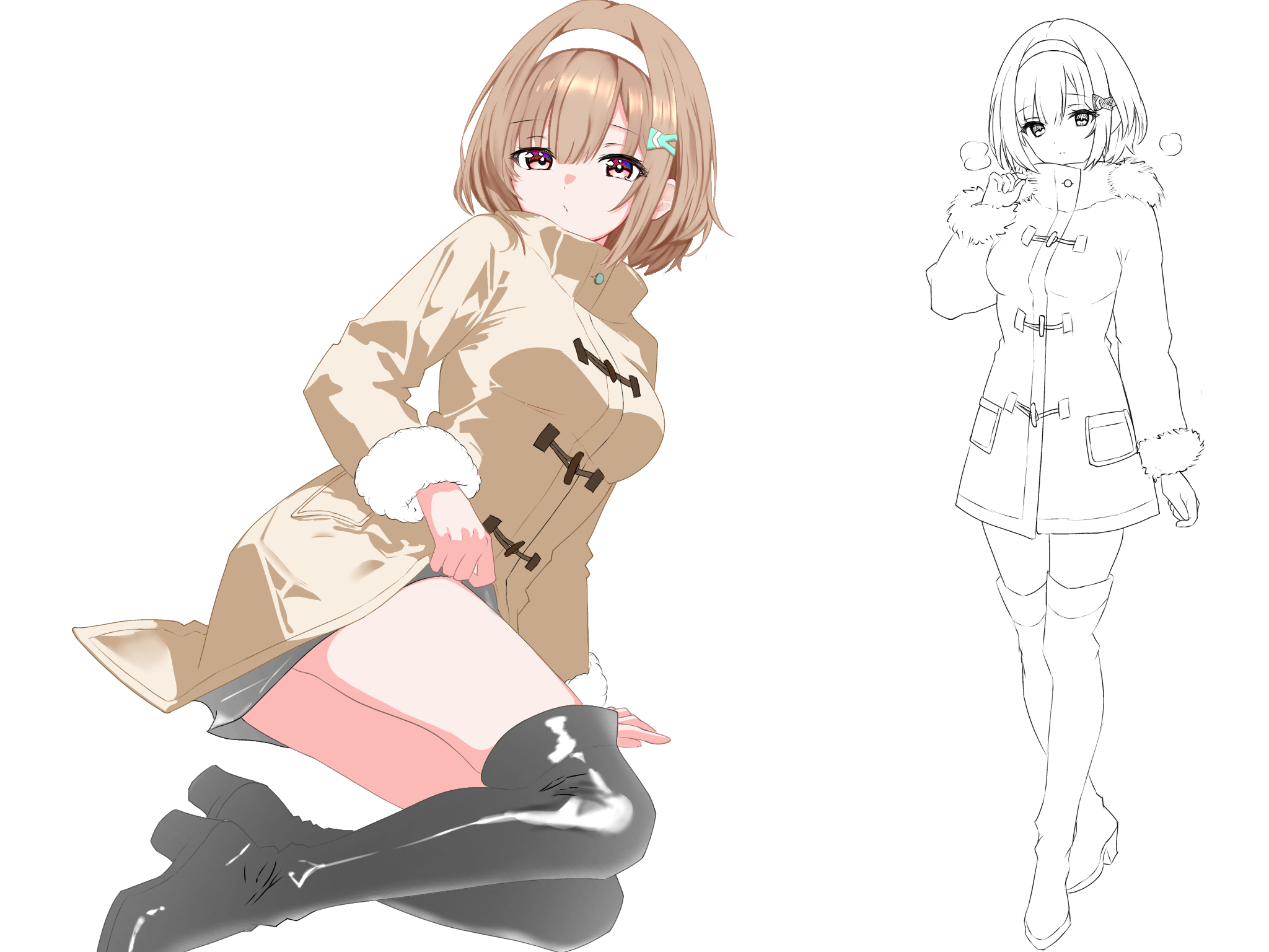 oyakodon451, ooshima muua, heaven burns red, highres, 1girl, boots, breasts, brown hair, coat, fish hair ornament, hair ornament, hairband, medium breasts, short hair, solo, thigh boots