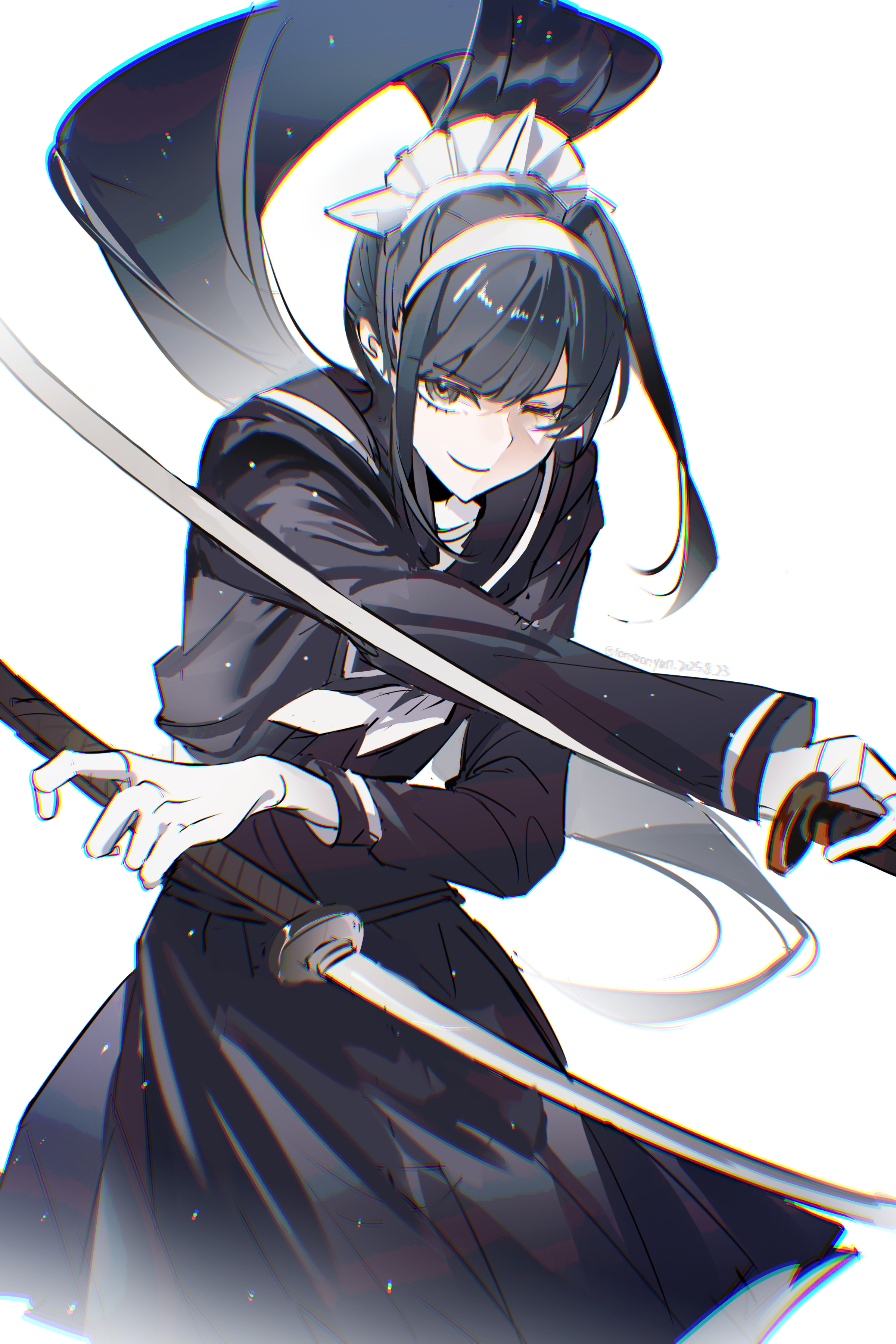 tansuan yun, magadori kyoshika, the hundred line -last defense academy-, absurdres, chinese commentary, commentary request, highres, 1girl, black eyes, black hair, black sailor collar, black serafuku, black skirt, cowboy shot, crossed arms, dated, dual wielding, gloves, hairband, holding, last defense academy school uniform, long hair, neckerchief, one eye closed, ponytail, sailor collar, school uniform, serafuku, skirt, solo, twitter username, weapon, white background, white gloves, white neckerchief