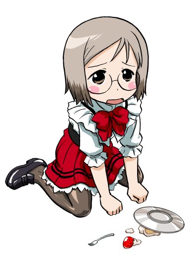 bandabekken, sakuragi matsuri, ichigo mashimaro, 1girl, accident, blush, bronze parrot, cake, child, colored tips, female focus, food, fruit, glasses, multicolored hair, pantyhose, plate, ribbon, simple background, sitting, solo, strawberry, waitress, white background