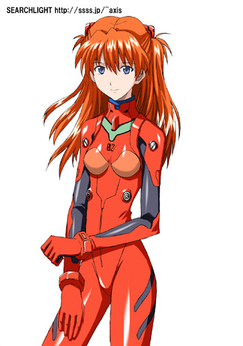 midori (searchlight), souryuu asuka langley, neon genesis evangelion, lowres, 1girl, blue eyes, bodysuit, bracer, breasts, clenched hand, cowboy shot, female focus, gloves, grey eyes, hair ornament, hand on own thigh, light smile, long hair, looking at viewer, mecha pilot suit, orange hair, plugsuit (evangelion), red hair, simple background, skinny, small breasts, smile, solo, standing, turtleneck, watermark, web address, white background