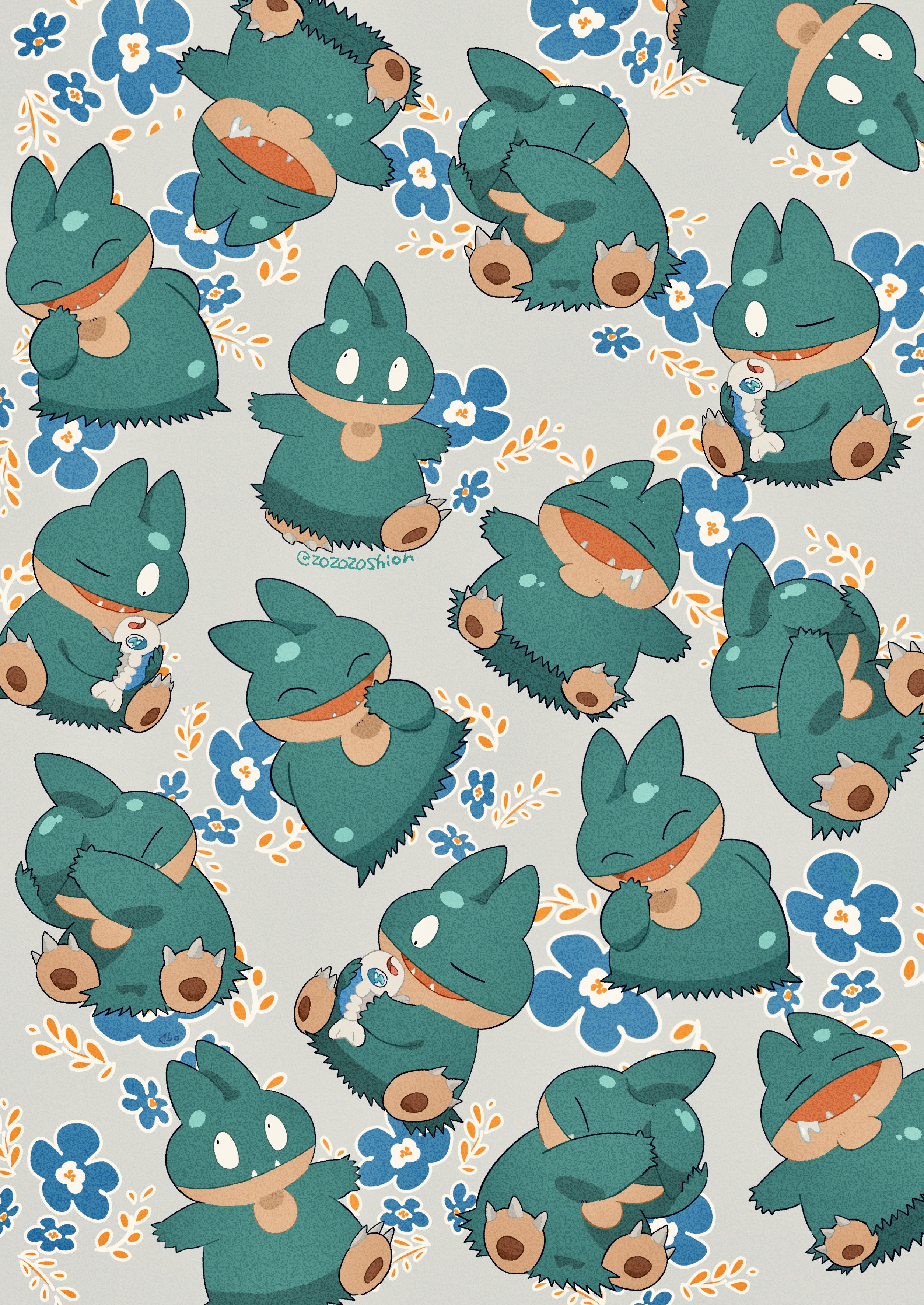 zozozoshion, munchlax, wishiwashi, wishiwashi (solo), nintendo, pokemon, absurdres, highres, animal focus, closed eyes, closed mouth, drooling, fangs, fish, flower, full body, gen 4 pokemon, gen 7 pokemon, mouth drool, no humans, one eye closed, open mouth, pokemon (creature), pokemon focus, saliva, sleeping, smile