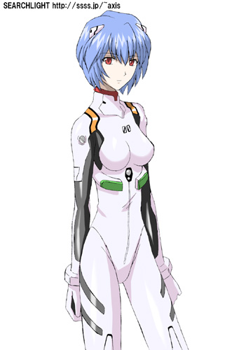 midori (searchlight), ayanami rei, neon genesis evangelion, lowres, 1girl, blue hair, bodysuit, bracer, breasts, expressionless, female focus, gloves, hair ornament, interface headset (evangelion), looking at viewer, mecha pilot suit, pale skin, petite, plugsuit (evangelion), red eyes, short hair, simple background, small breasts, solo, standing, turtleneck, watermark, web address, white background