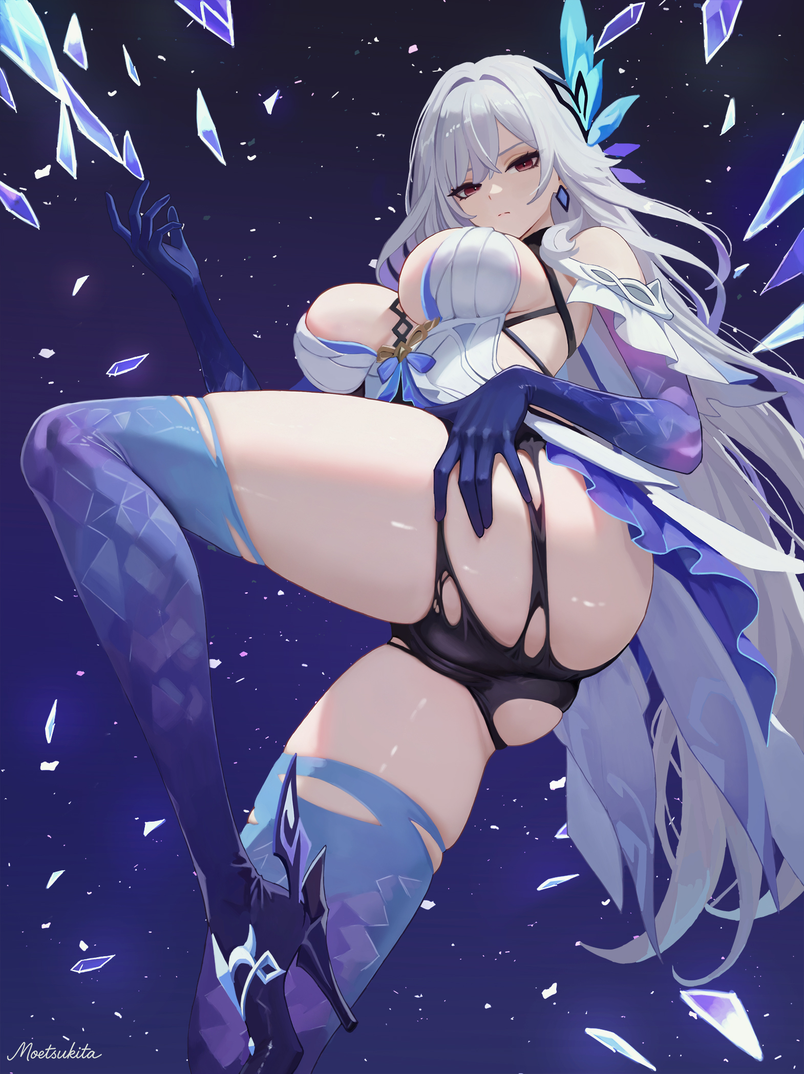 skirk (genshin impact), genshin impact, commentary, english commentary, highres, paid reward available, 1girl, artist name, ass, black shorts, blue thighhighs, breasts, crystal shards, dress, earrings, elbow gloves, from below, gloves, high heels, jewelry, large breasts, long hair, moetsukita, purple eyes, purple gloves, shorts, sky, solo, star (sky), starry sky, thighhighs, torn clothes, torn shorts, very long hair, white dress, white hair