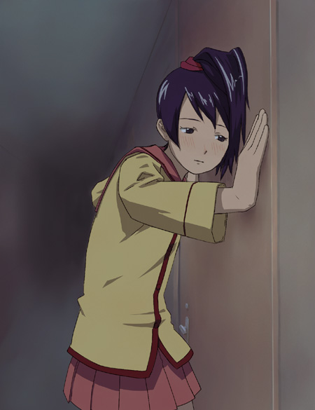 tokai knight, izumi kaori, gokujou seitokai, bad perspective, 00s, 1girl, against wall, asymmetrical hair, black hair, blush, female focus, high ponytail, pleated skirt, ponytail, school uniform, serafuku, skirt, solo