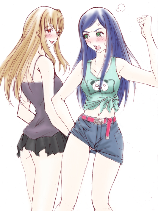 neogaryo, fujino shizuru, kuga natsuki, my-hime, 00s, 2girls, anger vein, bare shoulders, belt, blonde hair, blue hair, blush, camisole, denim skirt, front-tie top, green eyes, long hair, midriff, miniskirt, multiple girls, panties, pencil skirt, raised fist, red eyes, skirt, underwear, yuri