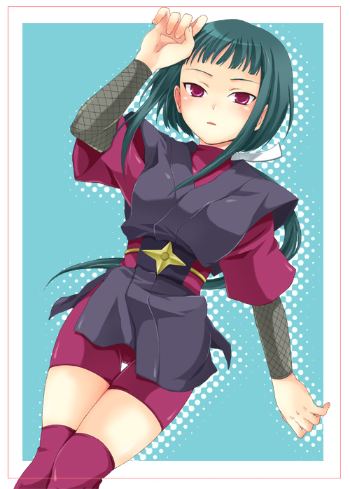kubyou azami, okuzaki akira, my-hime, 00s, 1girl, aqua hair, bike shorts, female focus, fishnets, long hair, ninja, pink eyes, pink thighhighs, ponytail, shuriken, solo, thigh gap, thighhighs, thighs, weapon, zettai ryouiki