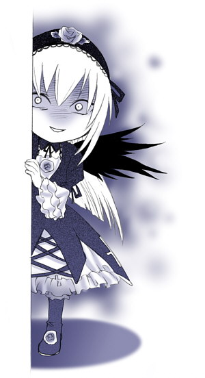 kitano tomotoshi, suigintou, rozen maiden, 00s, 1girl, angry, aura, black wings, chibi, chibi only, dress, female focus, flower, hairband, long hair, monochrome, peeking out, rose, shaded face, solo, very long hair, wings