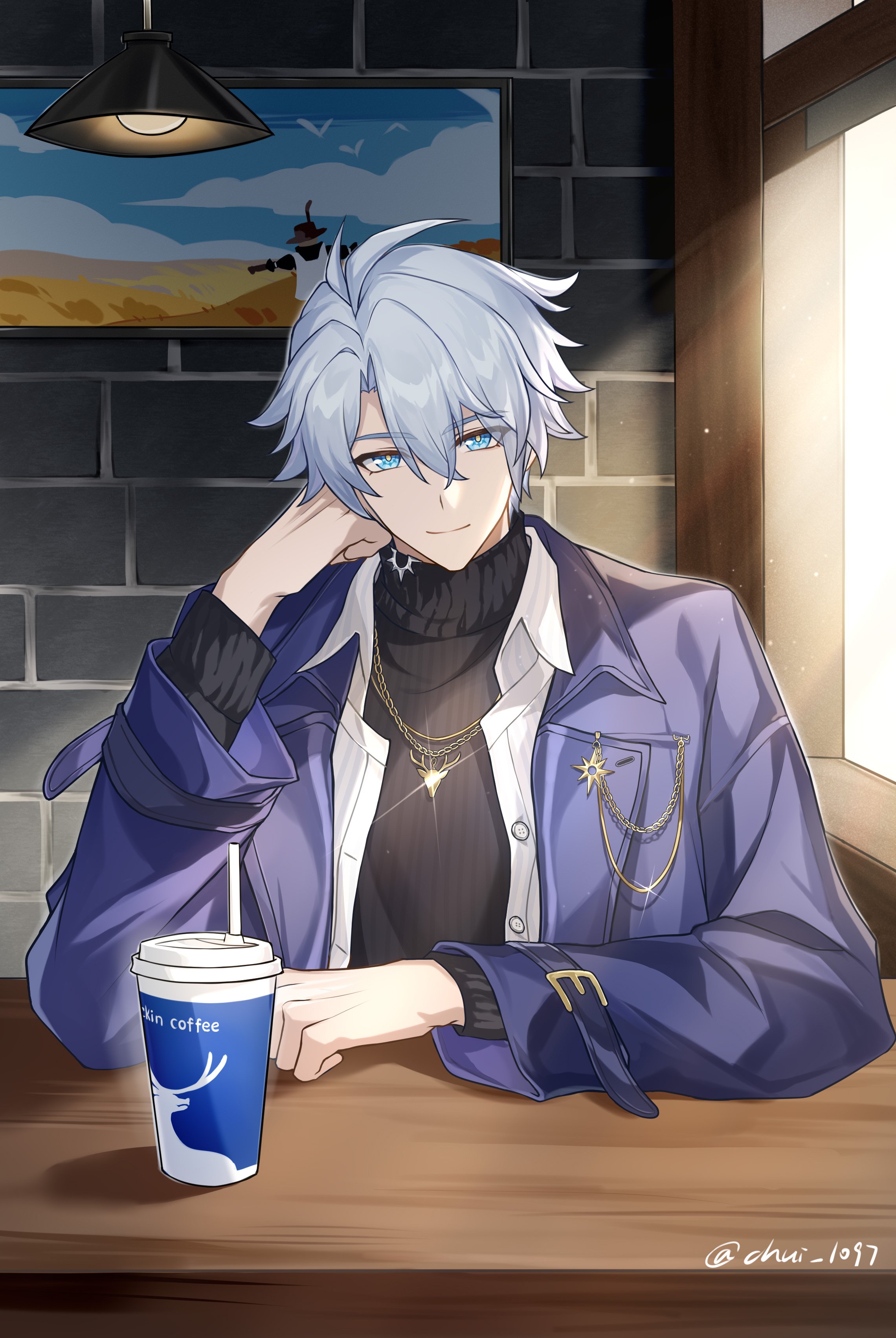chuideng, phainon (honkai: star rail), honkai: star rail, honkai (series), absurdres, highres, 1boy, antenna hair, black sweater, blue eyes, coat, cup, grey hair, hair between eyes, head rest, indoors, jewelry, male focus, necklace, official alternate costume, open clothes, open coat, open shirt, parted bangs, phainon (luckin coffee) (honkai: star rail), purple coat, shirt, short hair, sitting, solo, sweater, table, turtleneck, turtleneck sweater, white shirt, yellow pupils