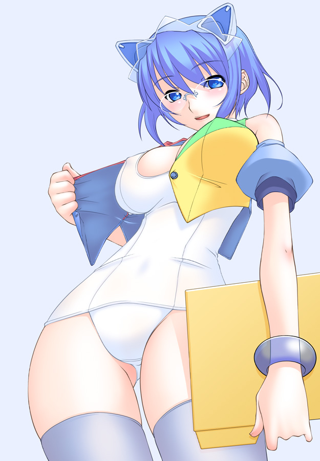 asakura sakura, 2k-tan, os-tan, 1girl, blue hair, breasts, female focus, folder, glasses, hair between eyes, one-piece swimsuit, school swimsuit, simple background, solo, swimsuit, thighhighs, white one-piece swimsuit, white school swimsuit