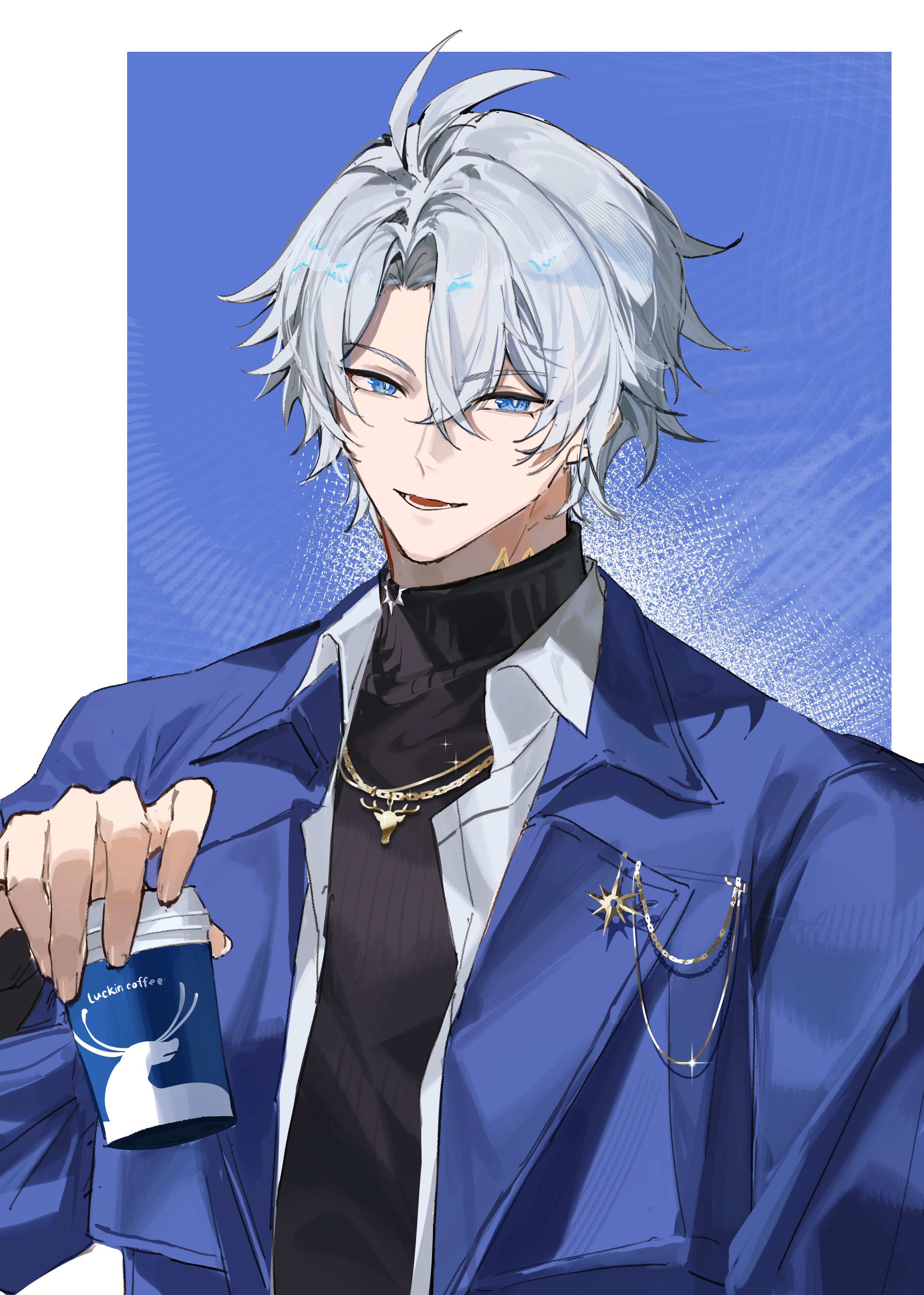 toriumu, phainon (honkai: star rail), honkai: star rail, honkai (series), absurdres, highres, 1boy, antenna hair, black sweater, blue background, blue eyes, border, coat, cup, grey hair, hair between eyes, holding, holding cup, jewelry, looking at viewer, lower teeth only, male focus, necklace, official alternate costume, open clothes, open coat, open mouth, open shirt, parted bangs, phainon (luckin coffee) (honkai: star rail), purple coat, shirt, short hair, smile, solo, sweater, teeth, turtleneck, turtleneck sweater, white border, white shirt, yellow pupils