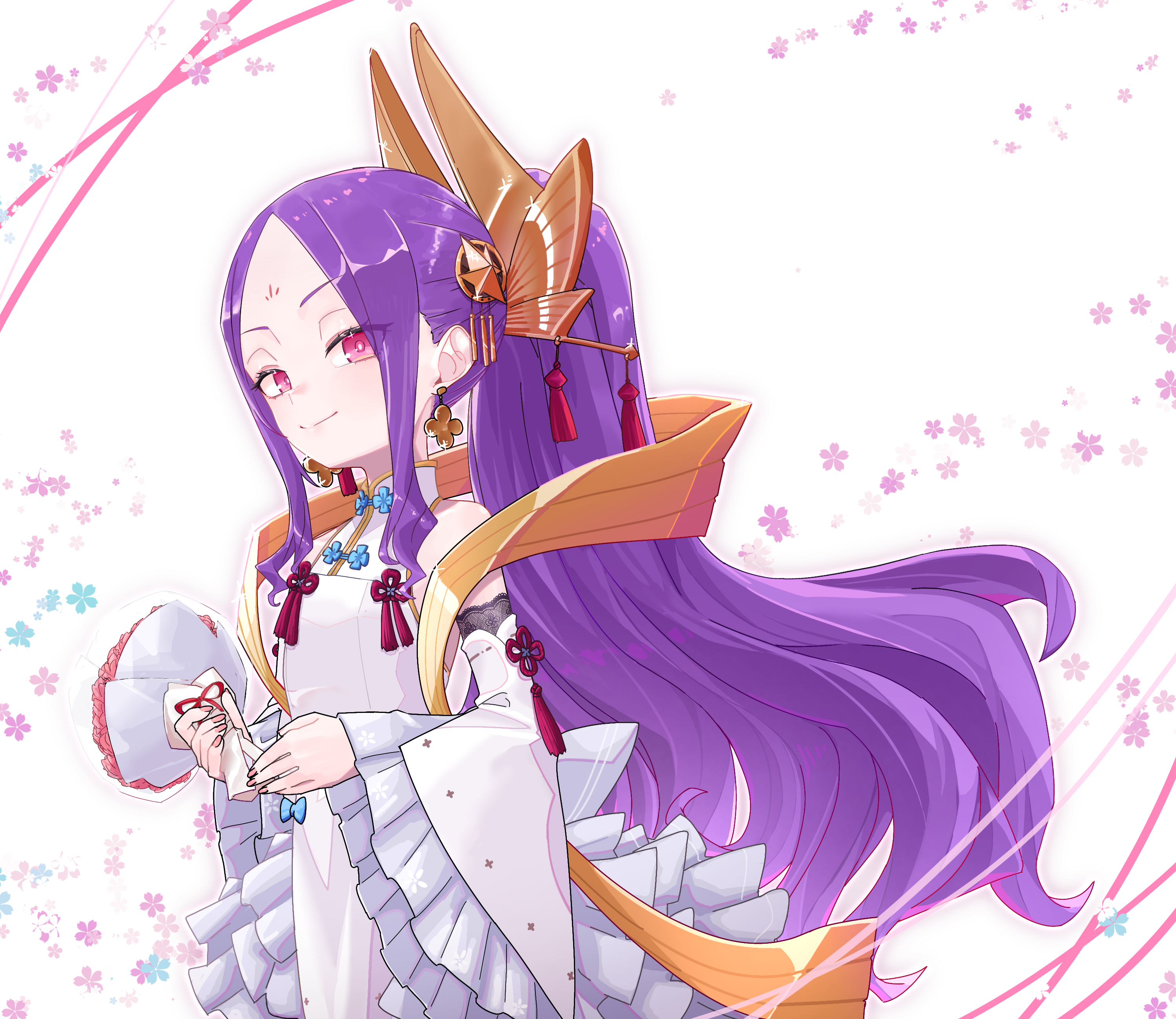 niwaikanai, wu zetian (fate), fate/grand order, fate (series), absurdres, highres, 1girl, bare shoulders, blush, bouquet, breasts, detached sleeves, dress, earrings, facial mark, flower, forehead, forehead mark, hair ornament, headpiece, jewelry, long hair, looking at viewer, parted bangs, ponytail, purple eyes, purple hair, shawl, sidelocks, small breasts, smile, solo, tassel, very long hair, white dress, wide sleeves