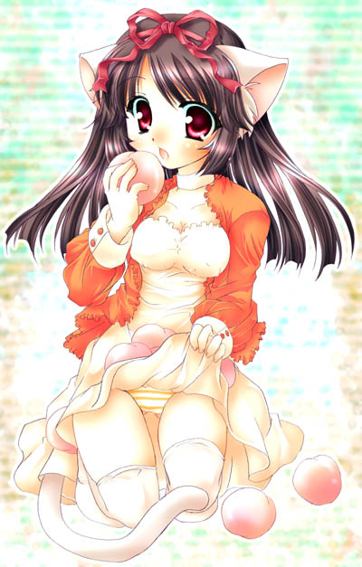 original, 1girl, animal ears, cat ears, cat girl, choker, clothes lift, dress, dress lift, female focus, food, fruit, holding, holding food, holding fruit, jacket, long hair, long sleeves, panties, peach, red eyes, skirt, skirt basket, skirt lift, solo, striped clothes, striped panties, thighhighs, underwear, white thighhighs, yellow panties