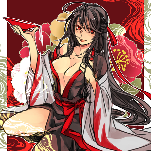 kanwan, wei wuxian, wei wuxian (yiling laozu), modao zushi, chinese commentary, 1girl, ahoge, alcohol, bare legs, black hair, black hanfu, blush, breasts, chinese clothes, cleavage, coat, collarbone, colored smoke, cup, floral background, flower, genderswap, genderswap (mtf), grey coat, hair down, hair ribbon, half updo, hanfu, holding, holding cup, large breasts, long hair, long sleeves, off shoulder, official alternate costume, official alternate hairstyle, open clothes, open coat, open mouth, open robe, pouring, pouring onto self, red eyes, red flower, red ribbon, red sash, ribbon, robe, sakazuki, sash, sidelocks, single bare shoulder, sitting, smile, smoke, solo, very long hair, wide sleeves