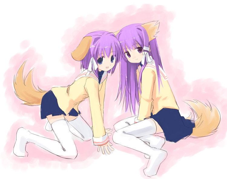 tatsukichi, fujibayashi kyou, fujibayashi ryou, clannad, 00s, 2girls, animal ears, dog ears, long hair, long sleeves, multiple girls, siblings, sisters, thighhighs, twins, white thighhighs, zettai ryouiki