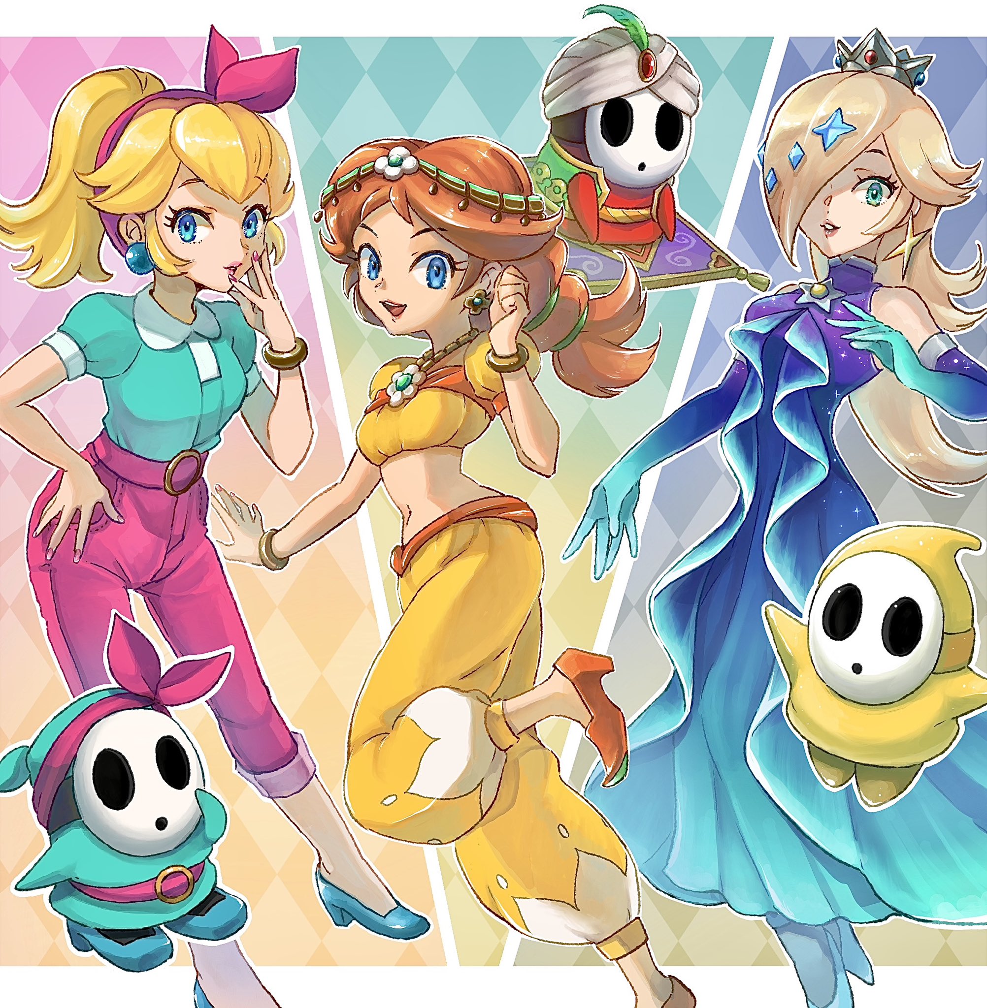 gari osushi, princess daisy, princess daisy (oasis), princess peach, princess peach (sightseeing), rosalina, rosalina (aurora), shy guy, mario (series), mario kart, mario kart world, nintendo, highres, 3girls, aqua shirt, arabian clothes, bandana, bare shoulders, belt, blonde hair, blue dress, blue eyes, blue gemstone, blue shirt, bracelet, breasts, brooch, brown hair, circlet, crop top, crown, dress, earrings, elbow gloves, flower earrings, gem, gem hair ornament, gloves, gradient clothes, gradient dress, gradient gloves, hair over one eye, hair ribbon, hairband, harem pants, high-waist pants, jewelry, long hair, magic carpet, midriff, multiple girls, navel, necklace, official alternate costume, open mouth, orange pants, pants, pink belt, pink hairband, pink pants, pink ribbon, puffy short sleeves, puffy sleeves, ribbon, shirt, shoes, short sleeves, silver crown, sleeveless, sleeveless dress, smile, sphere earrings, star (symbol), star brooch, star earrings, teeth, yellow pants