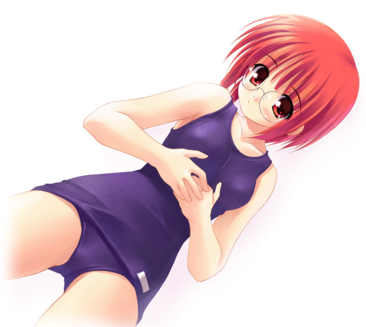 akamaru, original, eyebrows, 1girl, :/, blue one-piece swimsuit, blush, breasts, closed mouth, cowboy shot, crotch, dutch angle, female focus, glasses, gluteal fold, hand on own stomach, legs apart, looking at viewer, nose pads, old school swimsuit, one-piece swimsuit, own hands together, red eyes, red hair, rimless eyewear, school swimsuit, short hair, simple background, small breasts, solo, standing, swimsuit