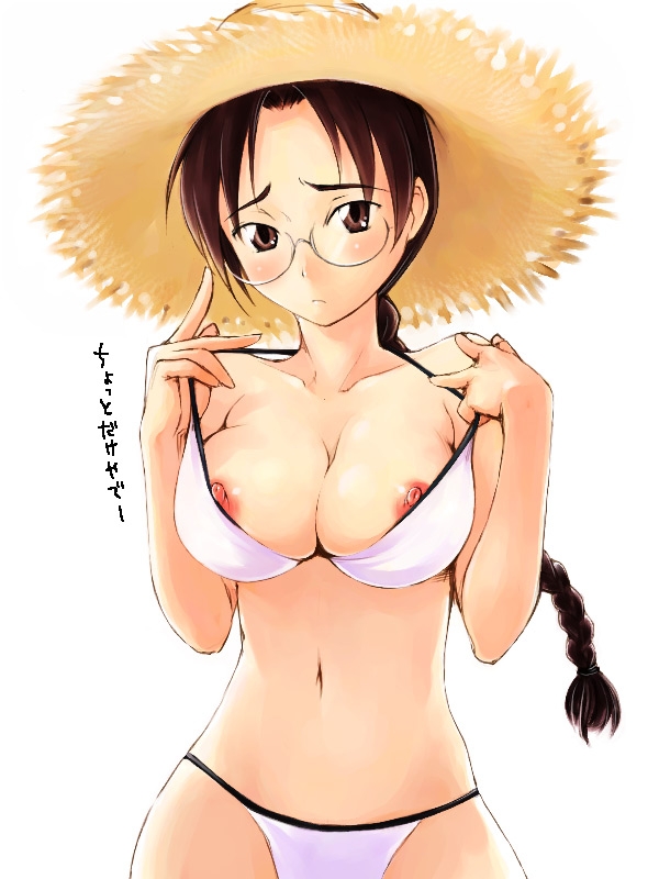 yurikawa, hoshina tomoko, to heart, to heart (series), 1girl, bikini, braid, breasts, brown eyes, brown hair, cleavage, female focus, glasses, hat, large breasts, nipple slip, nipples, simple background, solo, straw hat, string bikini, sun hat, swimsuit, white background