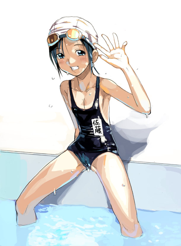 original, 1boy, black one-piece swimsuit, blue eyes, blue hair, blush, goggles, grin, male focus, matching hair/eyes, name tag, one-piece swimsuit, pool, poolside, ribs, school swimsuit, short hair, sitting, skinny, smile, soaking feet, solo, spread legs, swim cap, swimsuit, trap, water, waving, wet