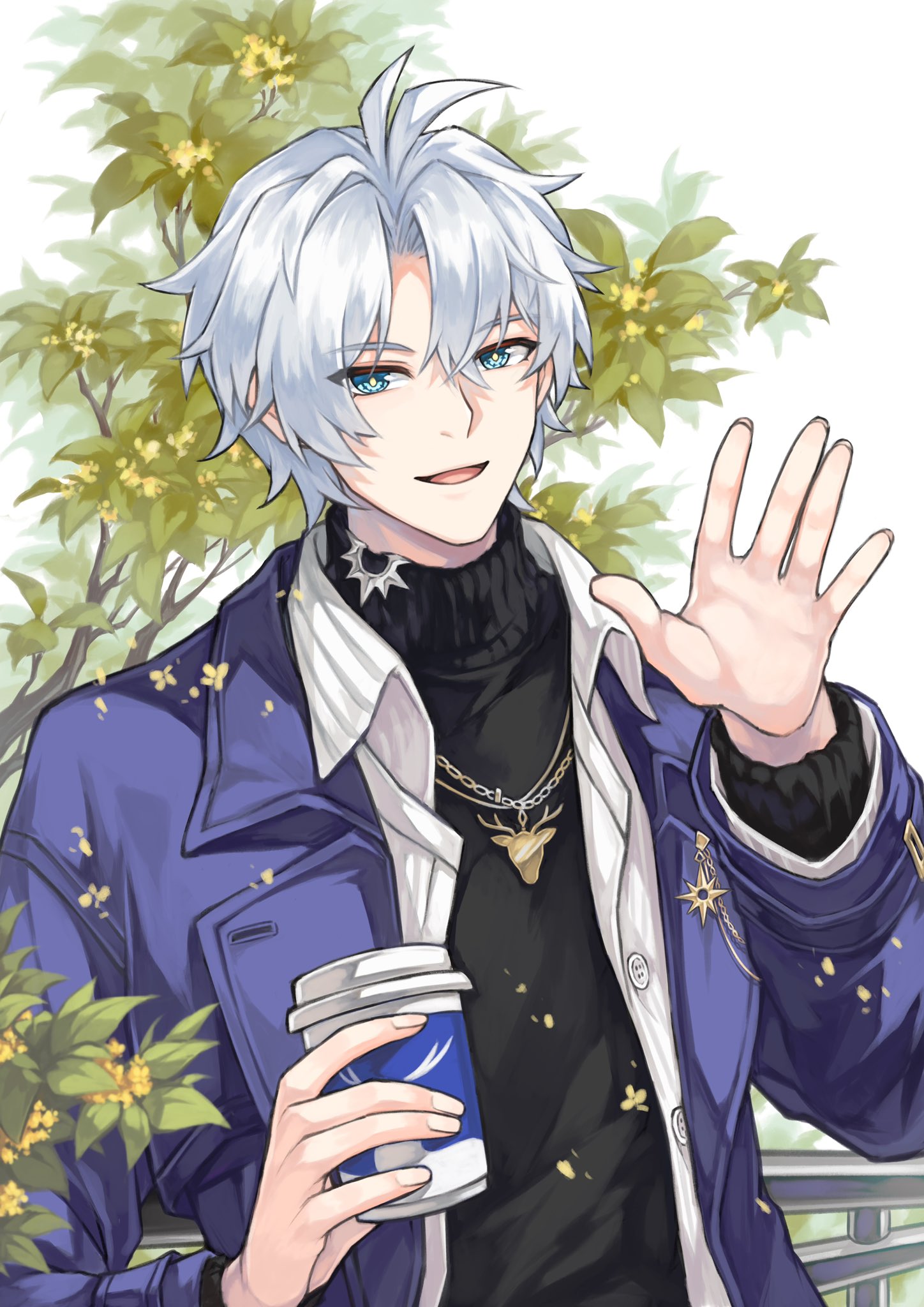 moraco, phainon (honkai: star rail), honkai: star rail, honkai (series), highres, 1boy, antenna hair, black sweater, blue eyes, buttons, coat, cup, grey hair, hair between eyes, hand up, holding, holding cup, jewelry, looking at viewer, male focus, necklace, official alternate costume, open clothes, open coat, open mouth, open shirt, parted bangs, phainon (luckin coffee) (honkai: star rail), purple coat, shirt, short hair, smile, solo, sweater, turtleneck, turtleneck sweater, upper body, waving, white shirt, yellow pupils