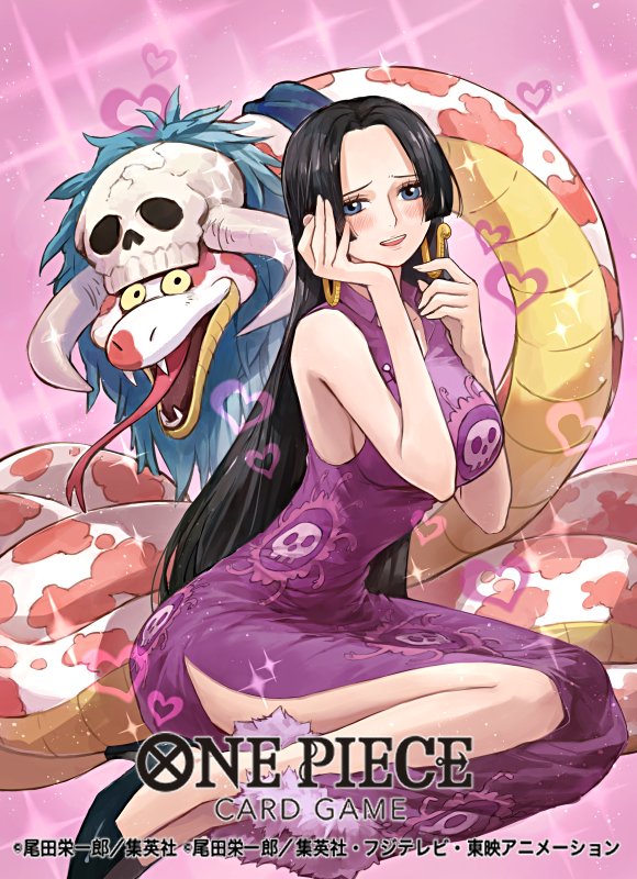 uroko (mnr), boa hancock, salome (one piece), one piece, one piece card game, commentary request, official art, 1girl, black shoes, blue eyes, blue neckerchief, blush, copyright name, dress, earrings, fangs, forked tongue, heart, high heels, jewelry, long hair, looking at viewer, neckerchief, pink background, purple dress, shoes, side slit, sidelocks, skull, sleeveless, sleeveless dress, snake, snake earrings, sparkle, tongue