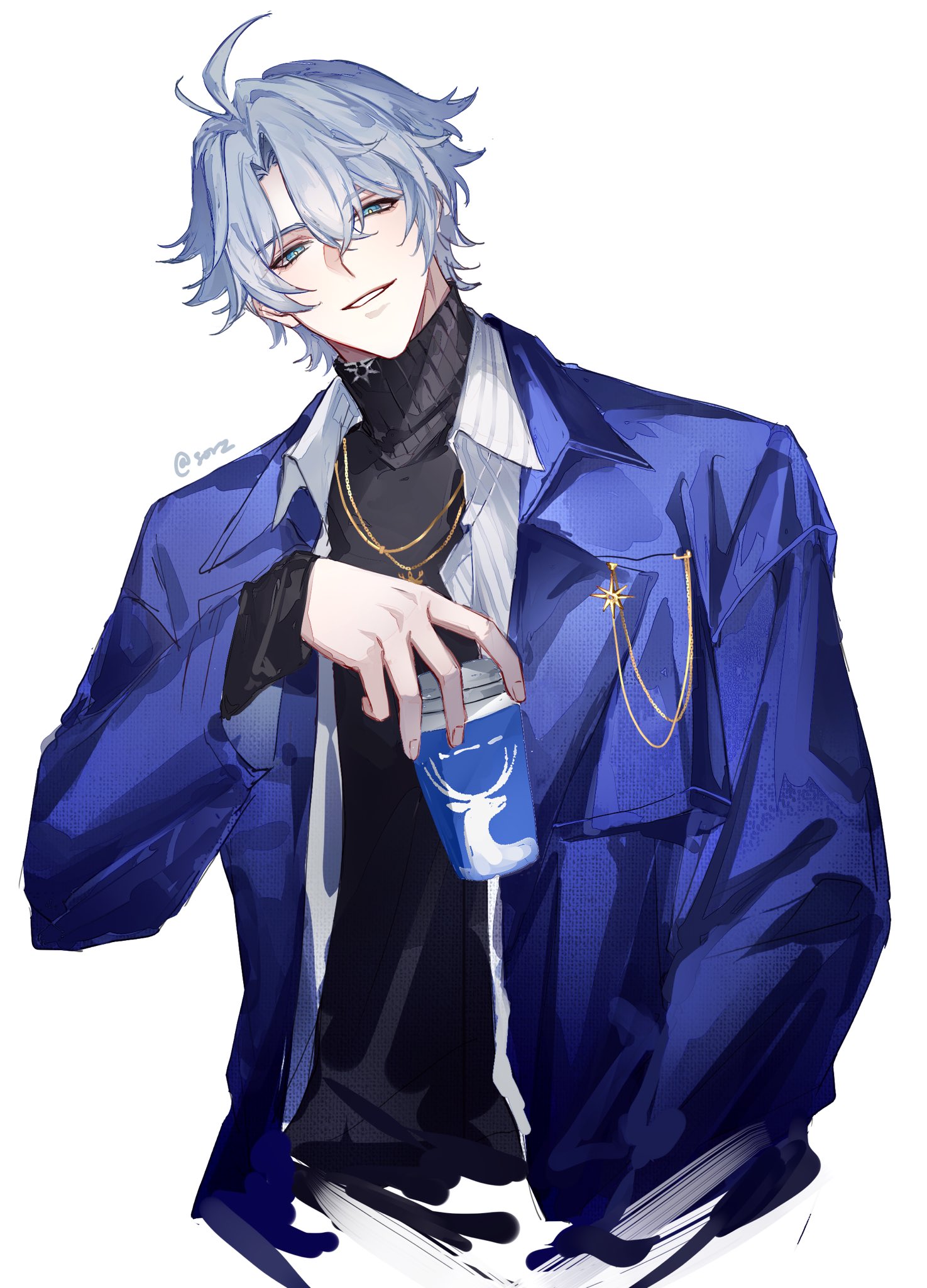 phainon (honkai: star rail), honkai: star rail, honkai (series), highres, 1boy, antenna hair, black sweater, blue eyes, coat, cup, grey hair, hair between eyes, hand in pocket, holding, holding cup, jewelry, male focus, necklace, official alternate costume, open clothes, open coat, open shirt, parted bangs, phainon (luckin coffee) (honkai: star rail), purple coat, shirt, short hair, simple background, solo, sorz chan, sweater, turtleneck, turtleneck sweater, white background, white shirt, yellow pupils