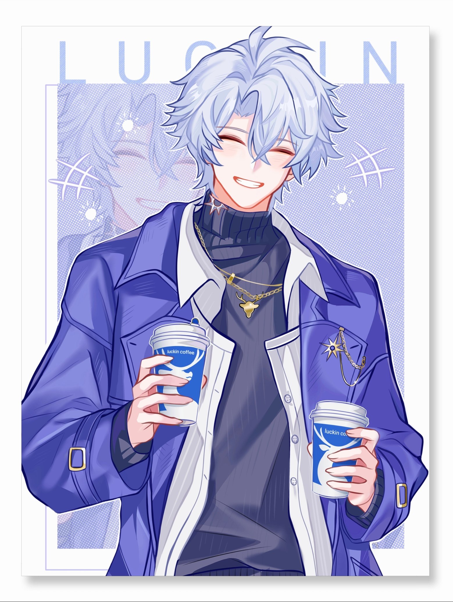 phainon (honkai: star rail), honkai: star rail, honkai (series), highres, 1boy, antenna hair, black sweater, buttons, closed eyes, coat, cup, facing viewer, grey hair, grin, hair between eyes, holding, holding cup, jewelry, laughing, male focus, necklace, official alternate costume, open clothes, open coat, open shirt, parted bangs, phainon (luckin coffee) (honkai: star rail), purple coat, ruosen618121, shirt, short hair, smile, solo, sweater, teeth, turtleneck, turtleneck sweater, white shirt