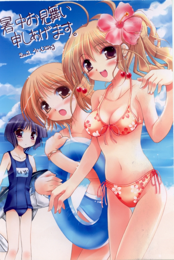 ko~cha, arisaka shiina, sakurai chie, takatsuki mii, yuibashi, 3girls, beach, bikini, blonde hair, breasts, brown eyes, cloud, day, flower, front-tie top, hibiscus, innertube, multiple girls, name tag, one-piece swimsuit, outdoors, red eyes, school swimsuit, short hair, side ponytail, string bikini, swim ring, swimsuit