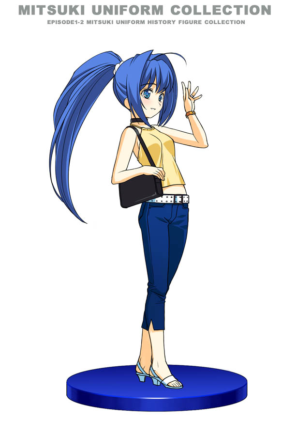 a1 (initial-g), hayase mitsuki, kimi ga nozomu eien, looking away, 00s, 1girl, ahoge, bag, belt, blue eyes, blue hair, camisole, capri pants, choker, denim, female focus, figure, figure stage, full body, hair intakes, jeans, jewelry, long hair, matching hair/eyes, pants, ponytail, ring, simple background, solo, standing, very long hair, watch, waving, white background